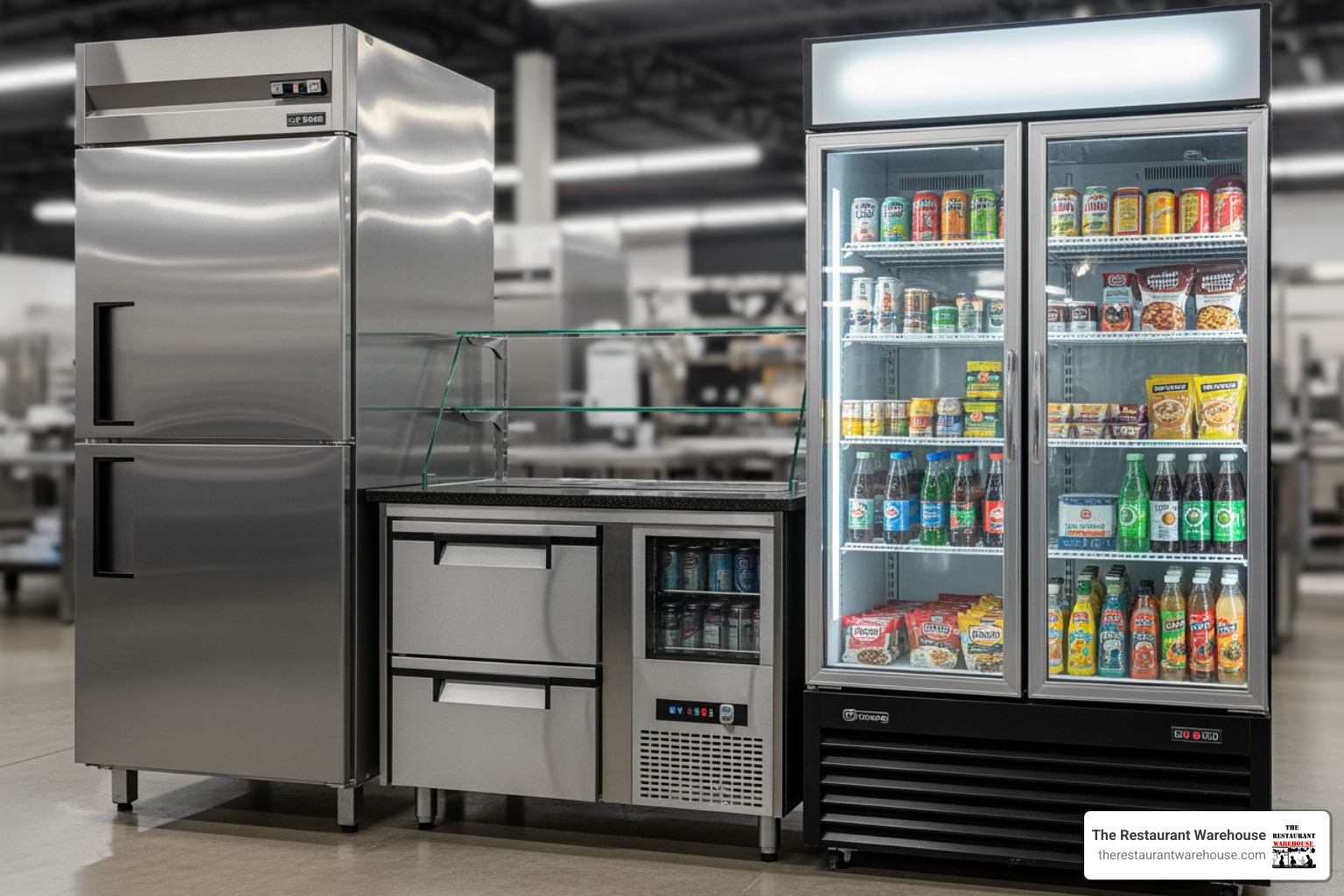 different types of commercial refrigerators side-by-side, including a reach-in, an undercounter unit, and a glass door merchandiser - commercial refrigeration supply