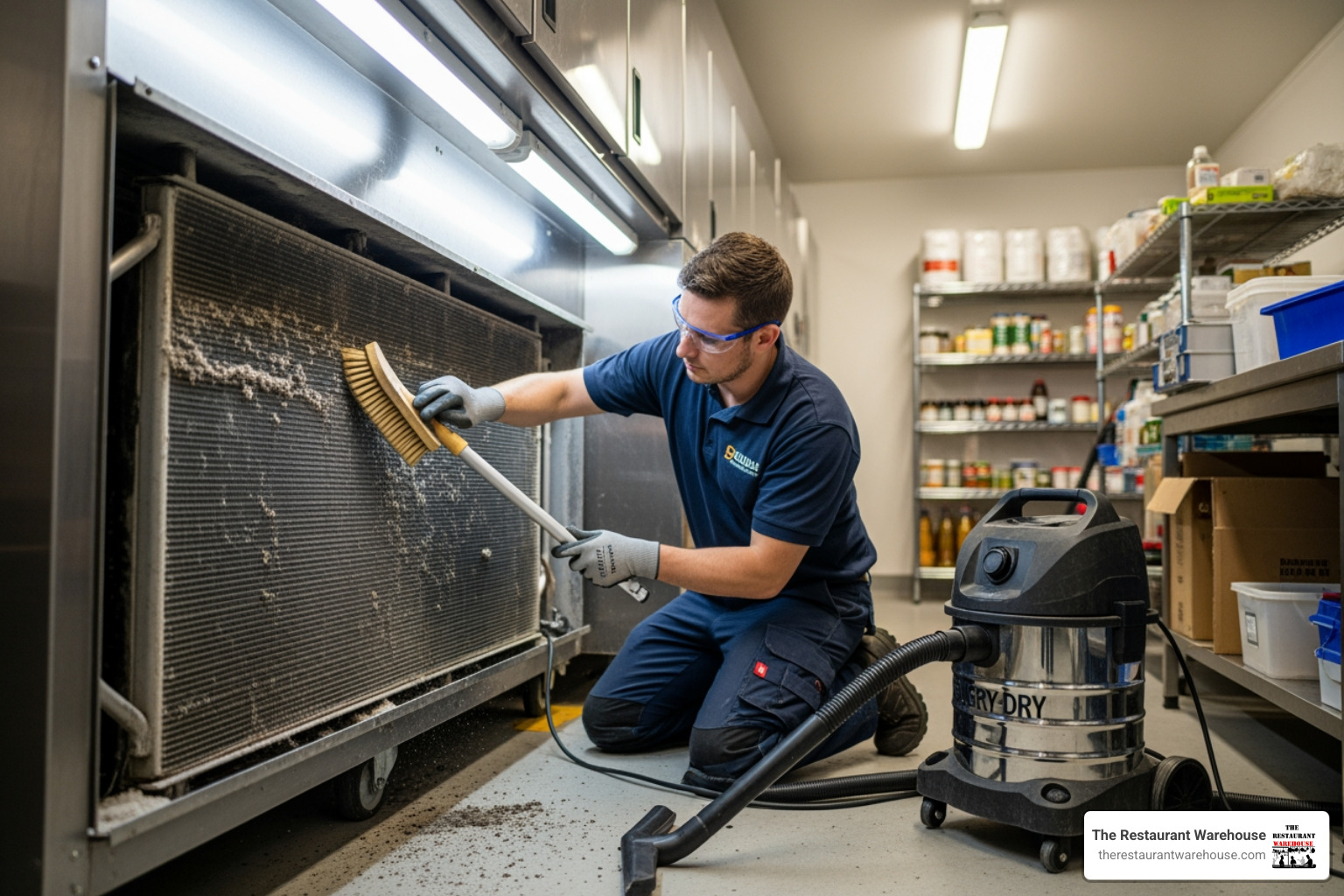 technician cleaning the condenser coils on a commercial refrigeration unit - commercial refrigeration supply