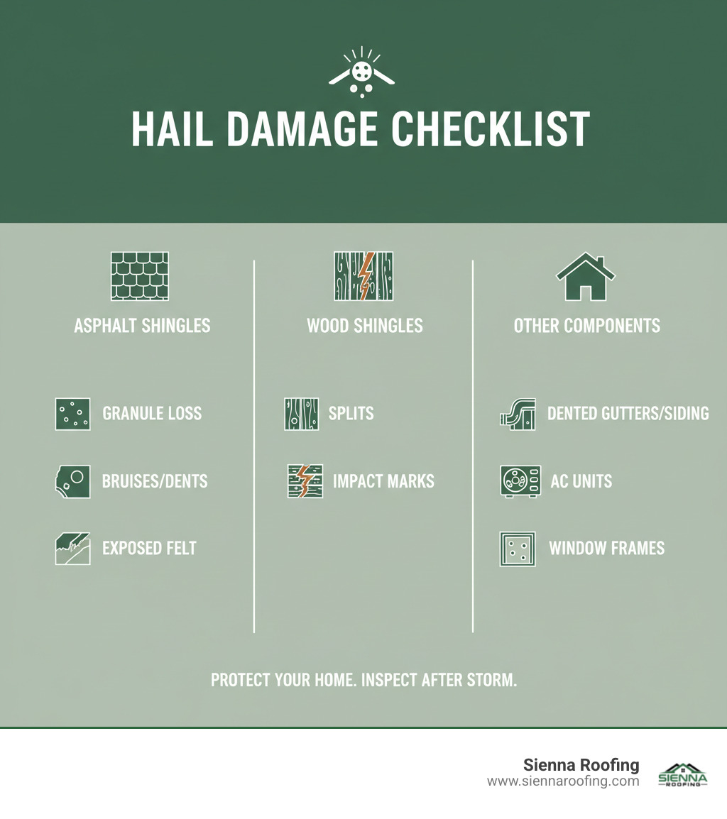 Infographic showing key signs of hail damage on asphalt shingles (granule loss, bruises, exposed felt), wood shingles (splits, impact marks), and other house components (dented gutters, siding, AC units) - Hail storm roof damage infographic Infographic showing key signs of hail damage on asphalt shingles (granule loss, bruises, exposed felt), wood shingles (splits, impact marks), and other house components (dented gutters, siding, AC units) - Hail storm roof damage infographic