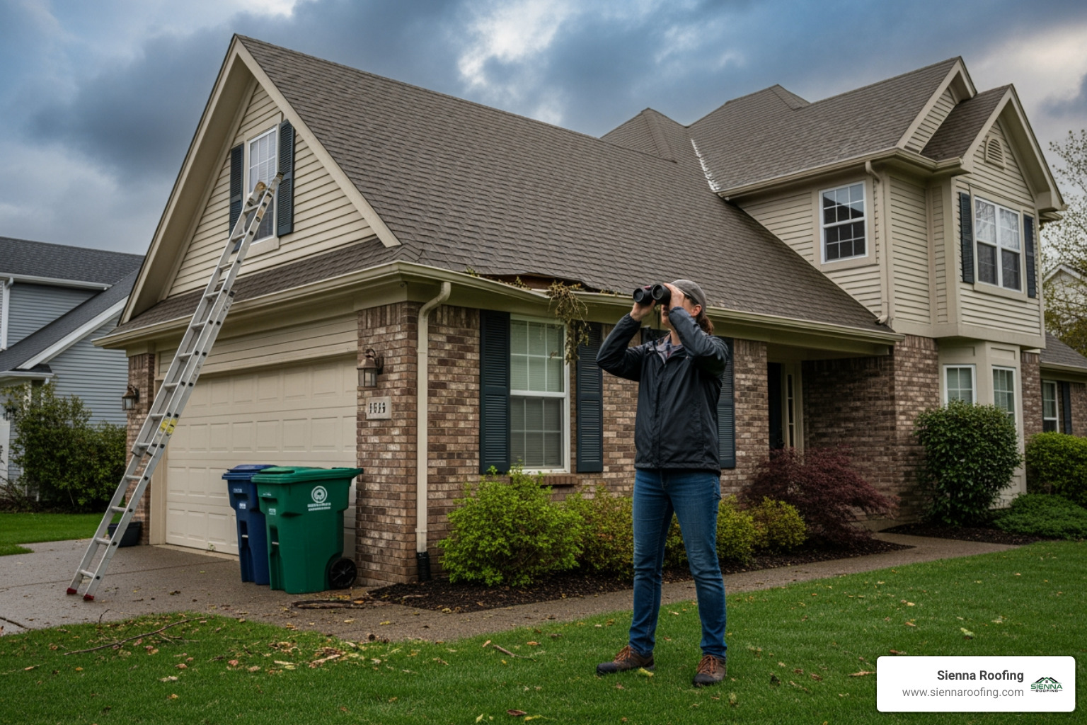 homeowner safely inspecting their gutters from the ground - Hail storm roof damage homeowner safely inspecting their gutters from the ground - Hail storm roof damage