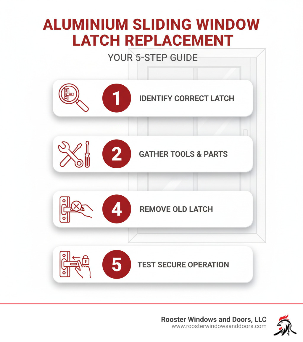 Infographic detailing the 5 key steps for aluminium sliding window latch replacement: Identify the correct latch, Gather tools and replacement parts, Remove the old latch, Install the new latch, and Test for secure operation - aluminium sliding window latch replacement infographic 