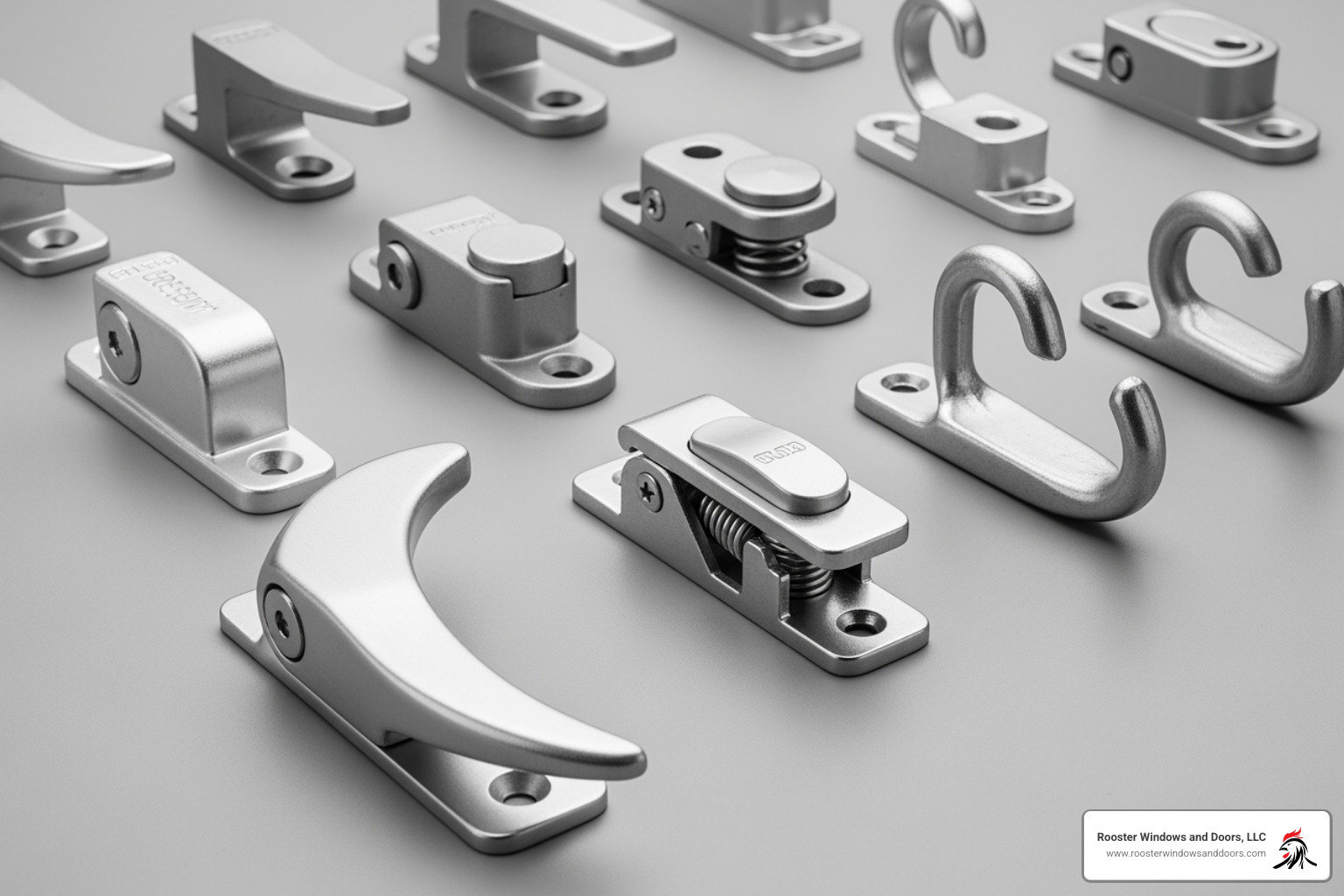 showing different types of latches (crescent, spring-loaded, hook) - aluminium sliding window latch replacement