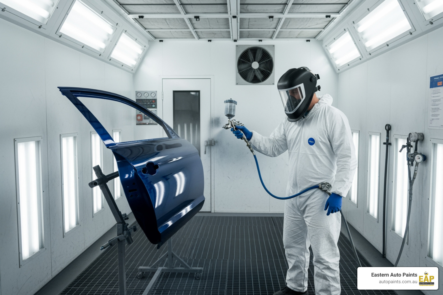 A professional painter in a well-lit spray booth, wearing an air-fed mask and using a high-quality spray gun to apply clear coat to a vehicle panel. - Protec clear coat
