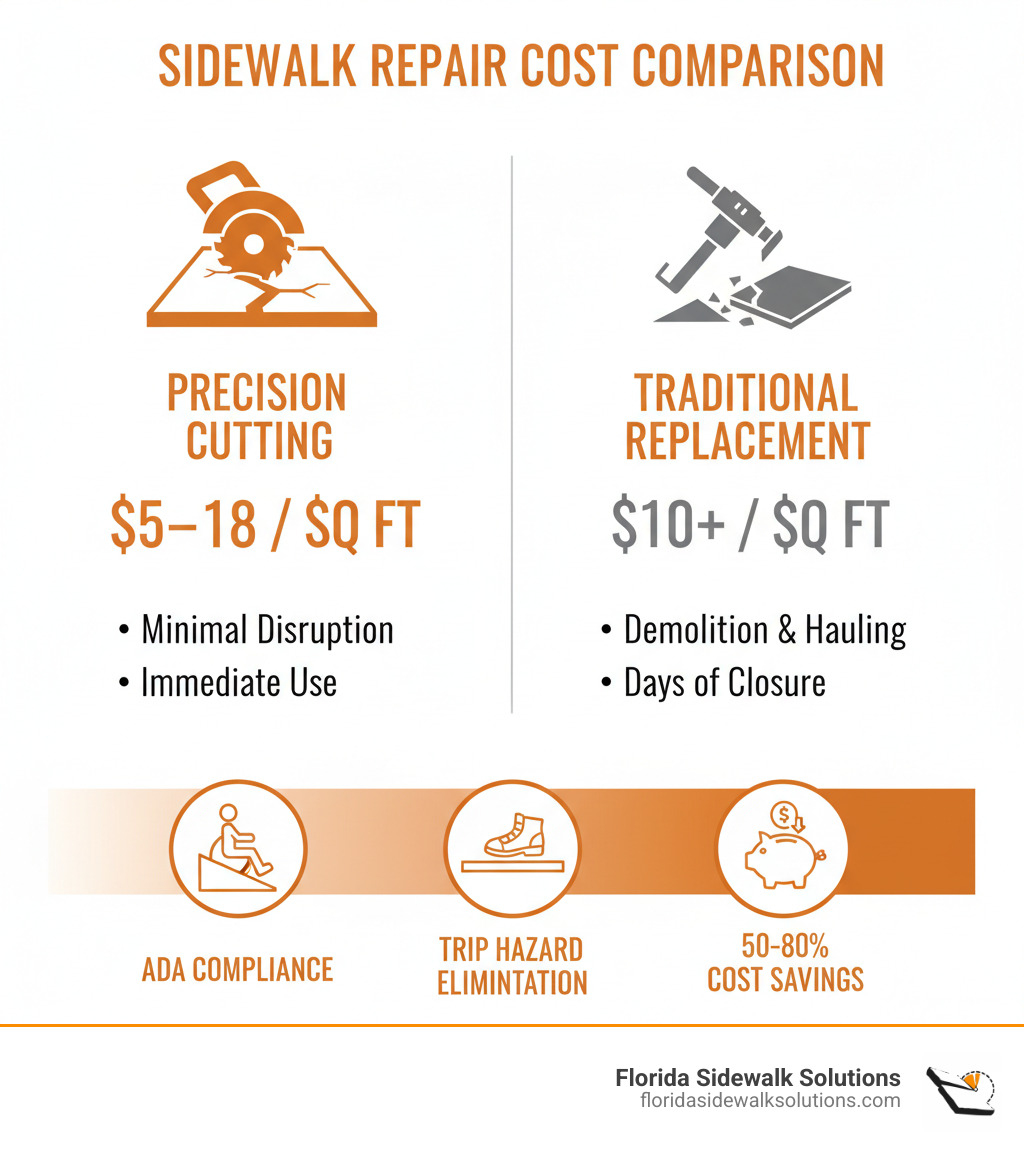 Infographic showing cost comparison: Precision sidewalk cutting ($5-18 per sq ft, minimal disruption, immediate use) versus traditional replacement ($10+ per sq ft plus demolition and hauling costs, days of closure), with highlighted benefits of ADA compliance, trip hazard elimination, and 50-80% cost savings - Sidewalk leveling cost infographic 