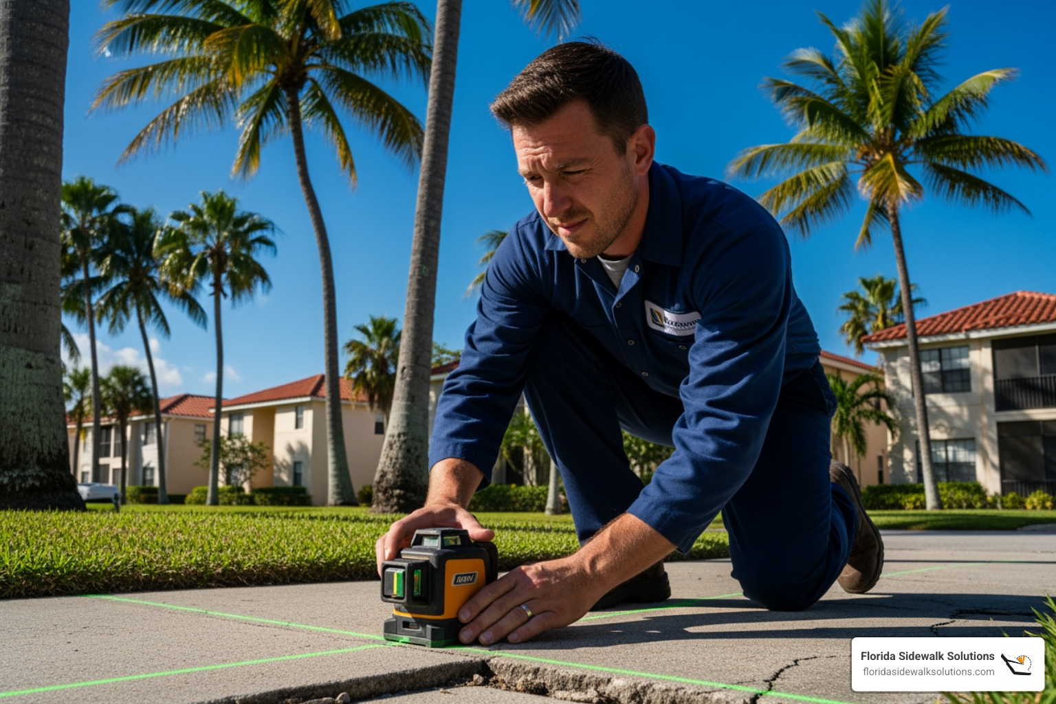 Florida Sidewalk Solutions technician measuring a sidewalk section for a quote - Sidewalk leveling cost