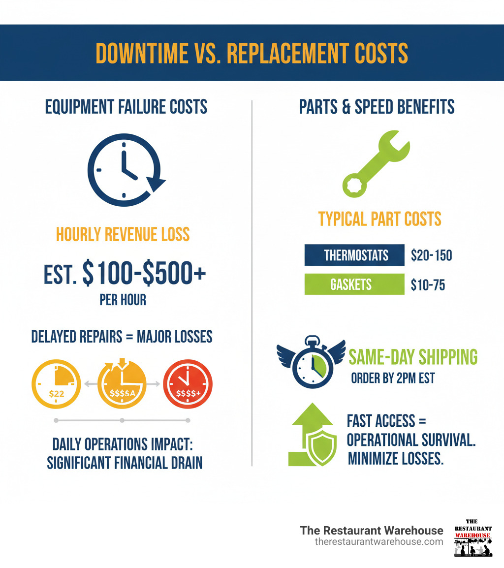 infographic showing restaurant equipment downtime costs versus replacement part costs, including average hourly revenue loss during equipment failure, typical part costs for common components like thermostats and gaskets, same-day shipping availability windows, and the financial impact of delayed repairs on daily operations - restaurant equipment parts supply near me infographic 