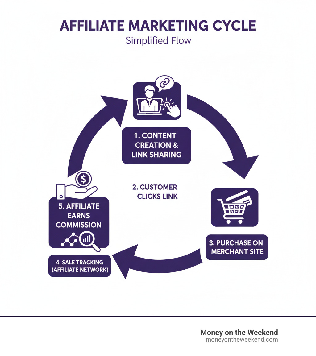 infographic showing the affiliate marketing cycle: Affiliate creates content and shares unique link, Customer clicks the affiliate link, Customer makes a purchase on merchant's site, Merchant tracks the sale through affiliate network, Affiliate receives commission payment - affiliate marketing 101 infographic infographic showing the affiliate marketing cycle: Affiliate creates content and shares unique link, Customer clicks the affiliate link, Customer makes a purchase on merchant's site, Merchant tracks the sale through affiliate network, Affiliate receives commission payment - affiliate marketing 101 infographic