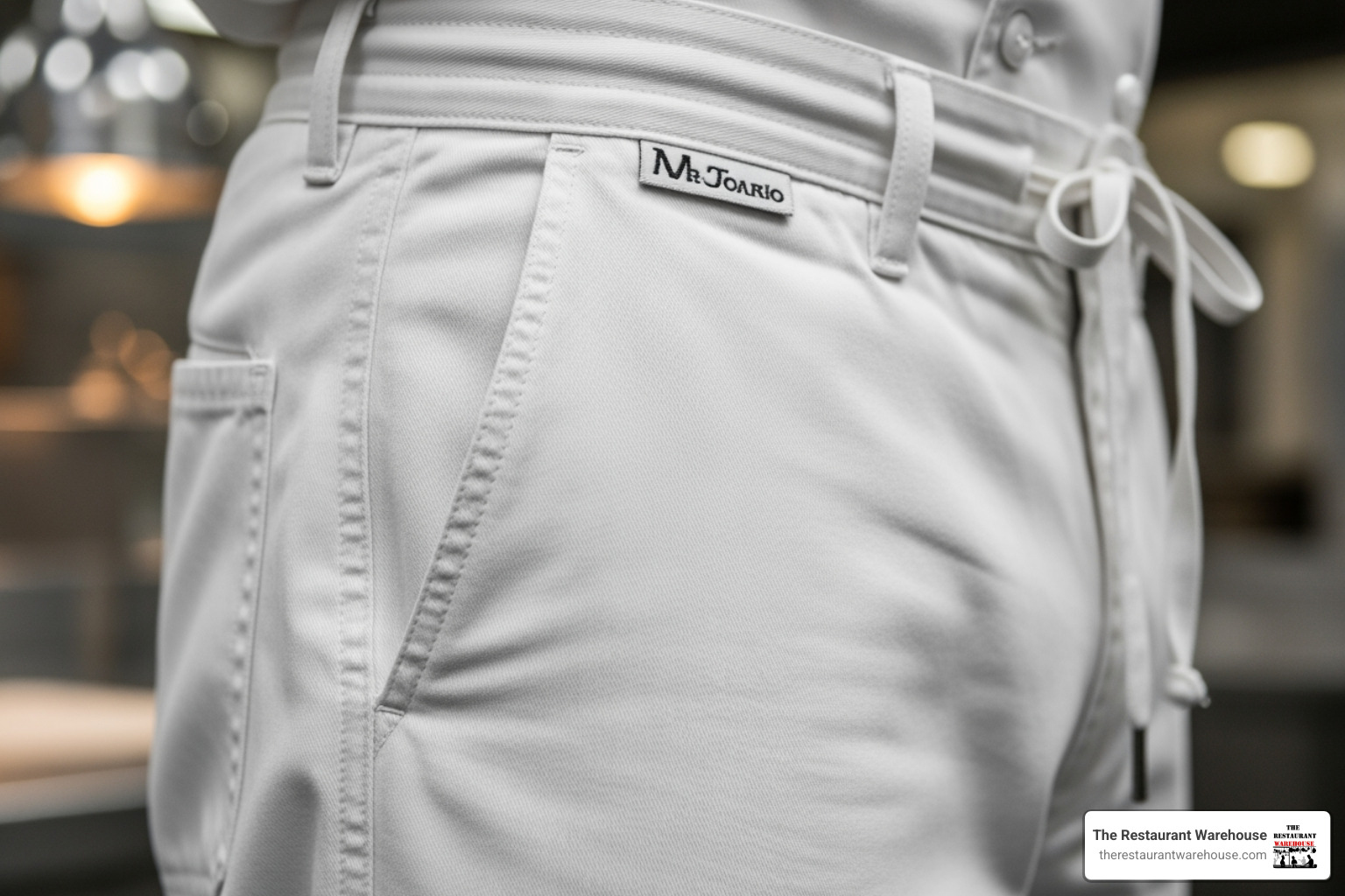 close-up of chef pant pockets and waistband - comfortable chef pants