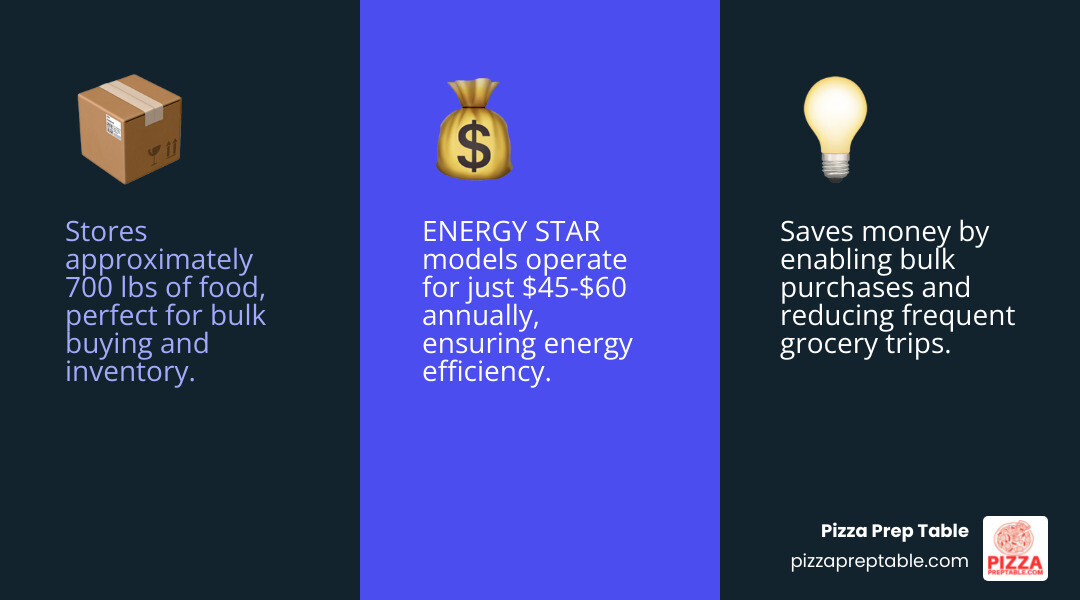 Infographic showing benefits of a 20 cu ft freezer including: stores up to 700 lbs of food, saves money through bulk purchasing, reduced trips to the store, prevents food waste with proper organization, costs $45-60 yearly to run with ENERGY STAR certification, ideal for families of 5+, hunters, gardeners, and small businesses, and comparison of chest versus upright storage capacity and organization - deep freezer 20 cu ft infographic 3_facts_emoji_blue