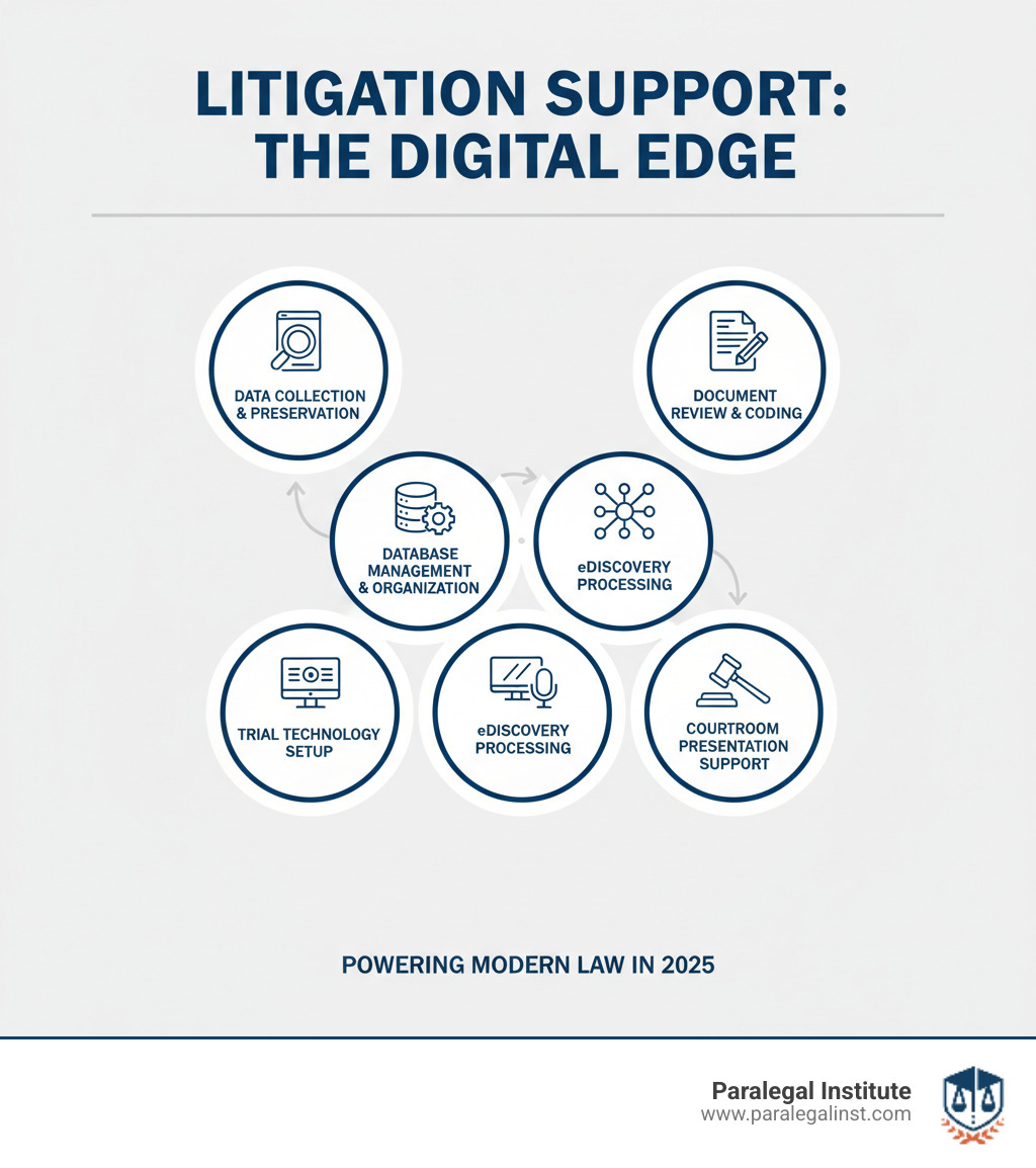 Infographic showing the role of litigation support professionals including data collection and preservation, document review and coding, database management and organization, eDiscovery processing, trial technology setup, and courtroom presentation support - litigation support professional infographic 