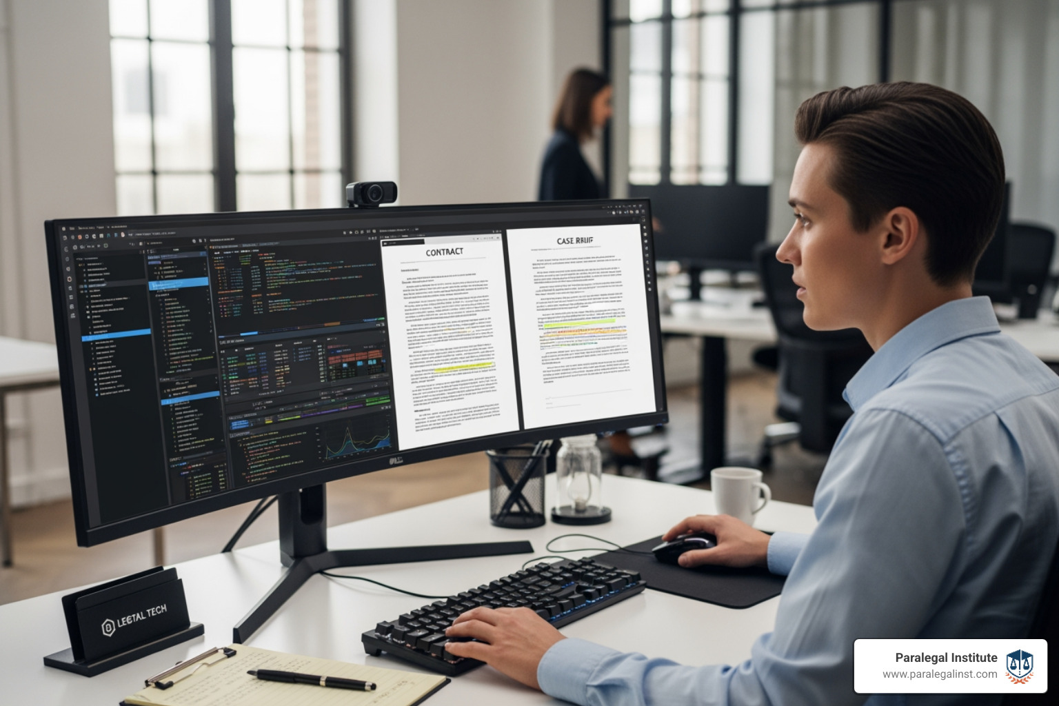 Image of a professional managing a large database on a computer screen - litigation support professional