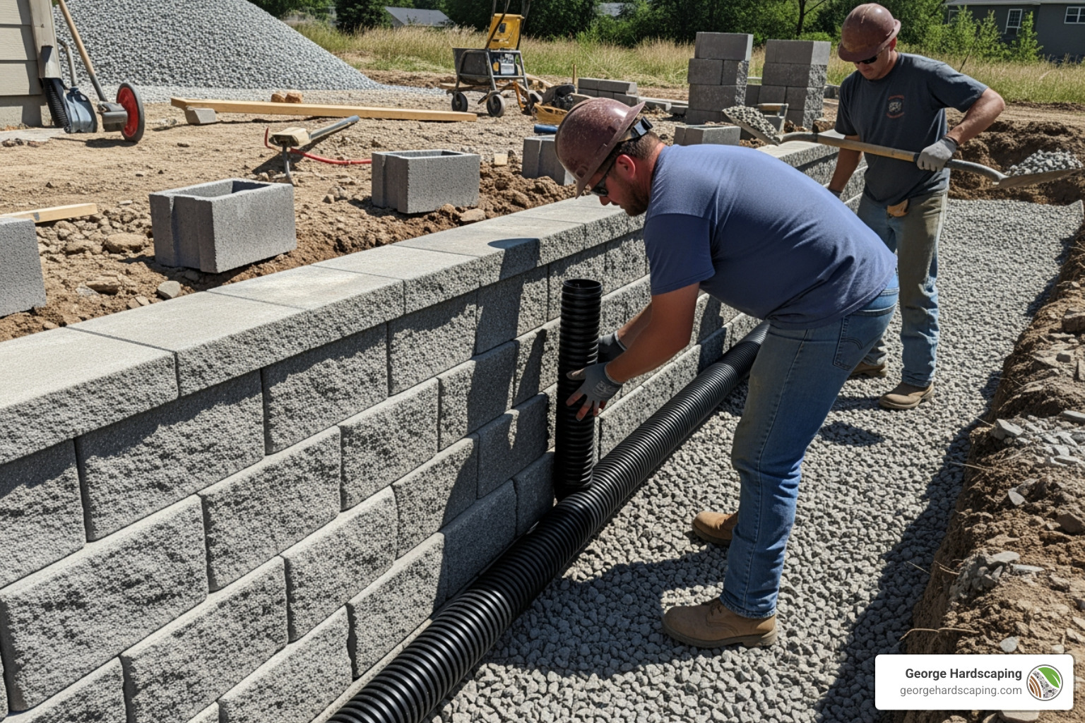 Contractor installing a perforated pipe and gravel behind a segmental block retaining wall - Retaining wall drainage