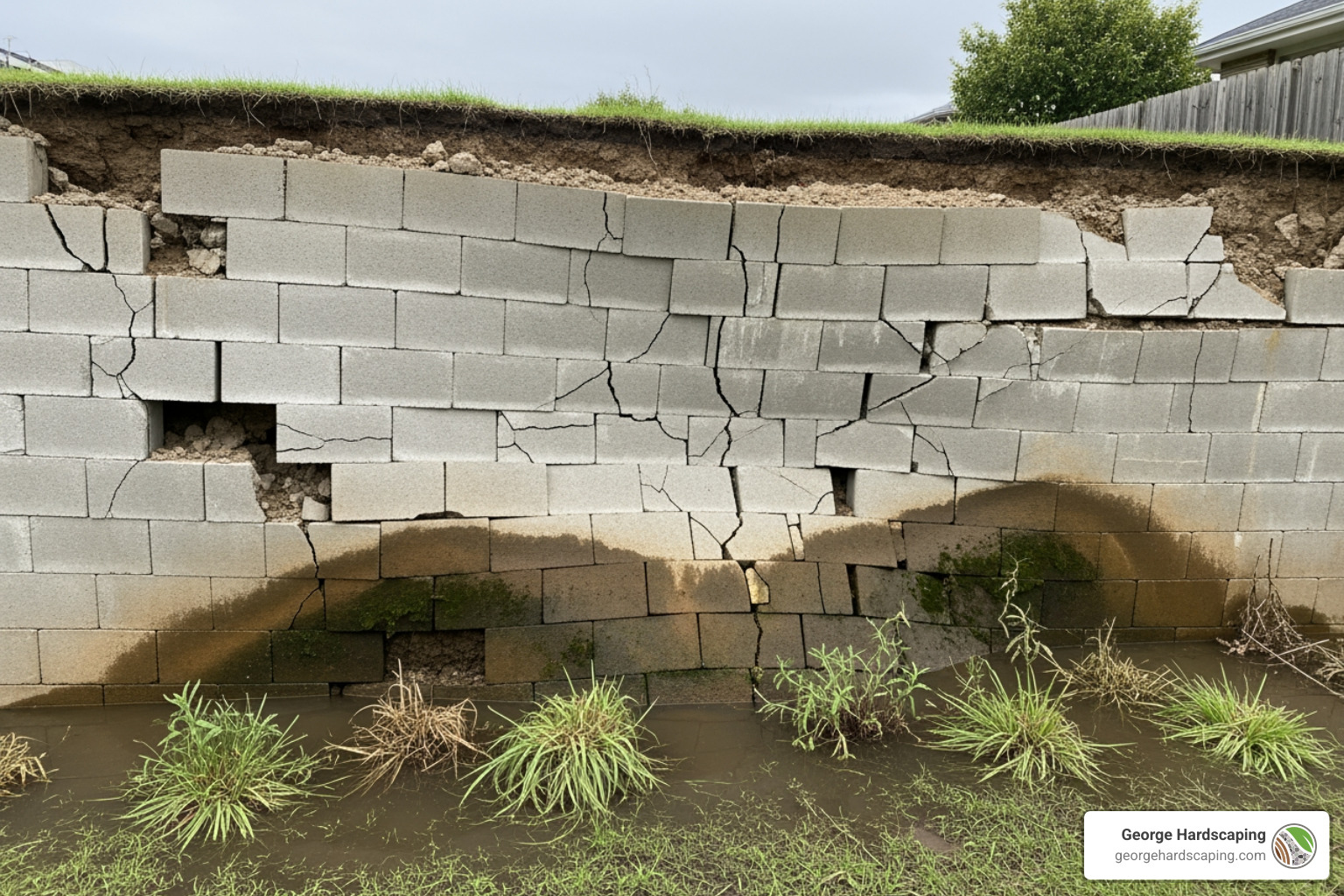 Failing retaining wall with clear signs of bulging and cracking due to water pressure - Retaining wall drainage