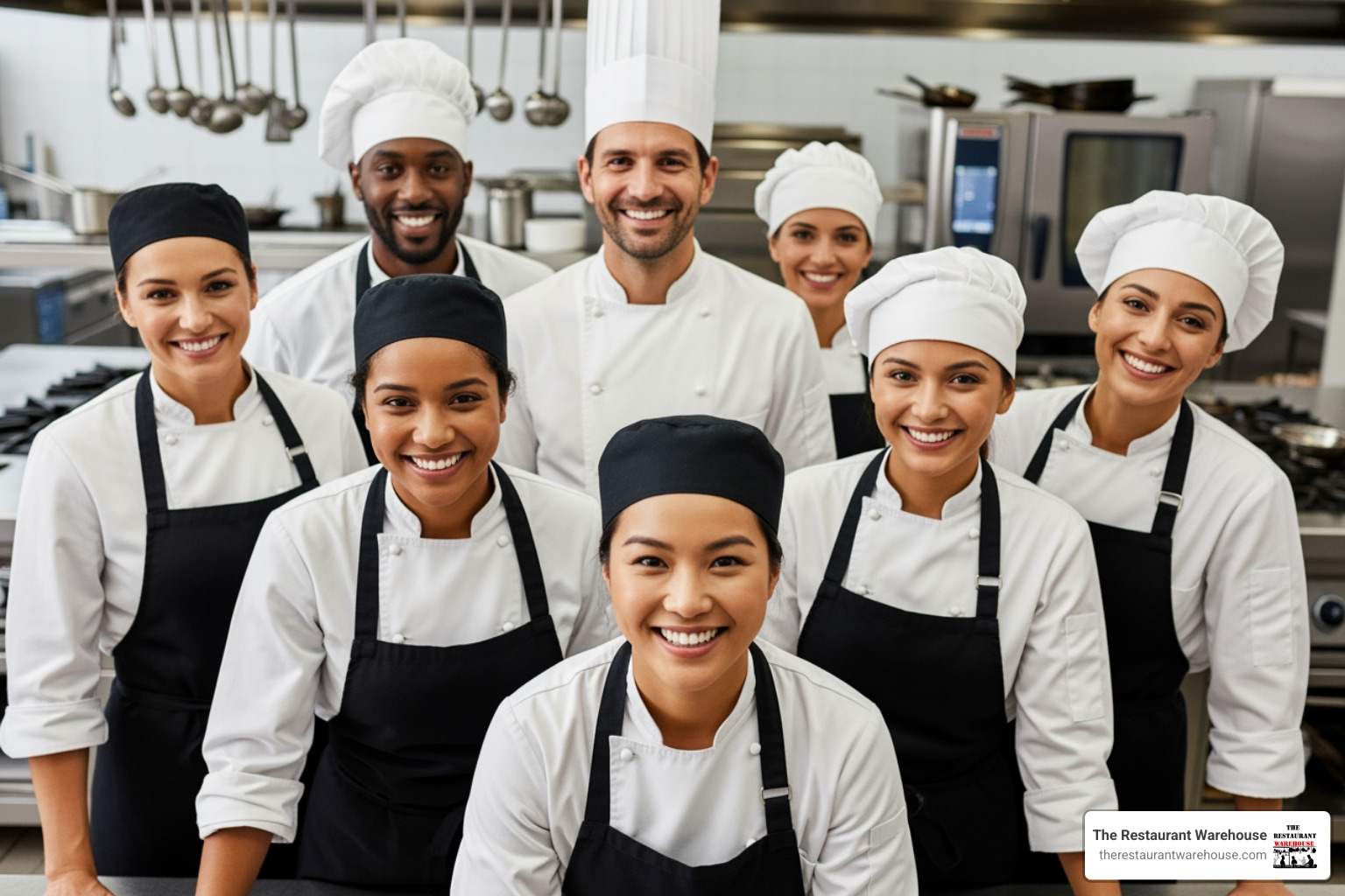 diverse kitchen team all wearing matching, professional chef uniforms and smiling - cheap chef pants