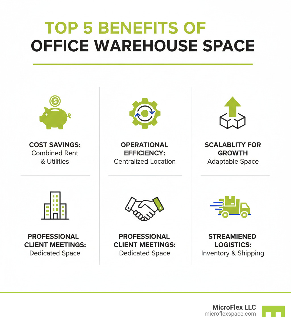infographic showing top 5 benefits of office warehouse space including cost savings from combined rent, operational efficiency from centralized location, scalability for growth, professional client meeting space, and streamlined logistics - Office warehouse for lease infographic infographic showing top 5 benefits of office warehouse space including cost savings from combined rent, operational efficiency from centralized location, scalability for growth, professional client meeting space, and streamlined logistics - Office warehouse for lease infographic