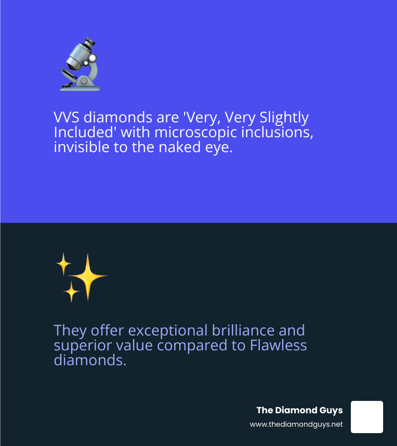 Infographic showing the GIA Diamond Clarity Scale from Flawless (FL) to Included (I3), with VVS1 and VVS2 grades highlighted in the second tier, explaining that VVS diamonds have microscopic inclusions invisible to the naked eye and offer exceptional brilliance at better value than Flawless grades - vvs earrings mens square infographic 2_facts_emoji_blue