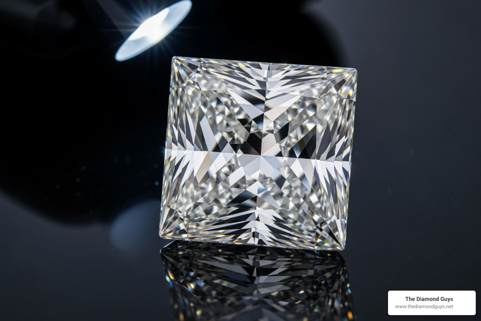 A close-up image of a loose princess-cut VVS diamond sparkling on a dark, reflective surface, emphasizing its sharp angles and brilliant facets - vvs earrings mens square