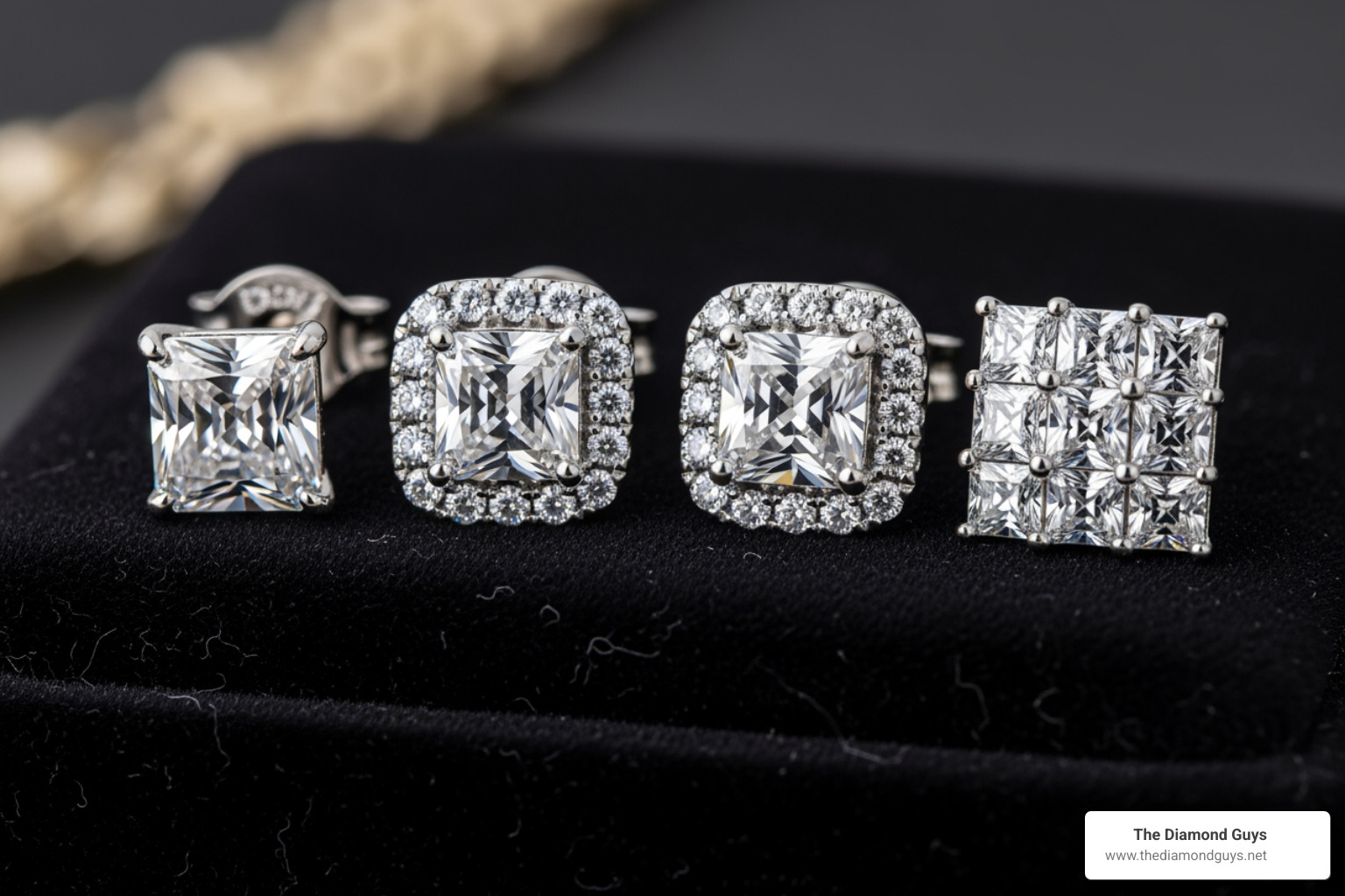 A collection of different square VVS earring styles for men, including a classic solitaire stud, a halo stud, and a cluster earring, arranged elegantly on a velvet display - vvs earrings mens square