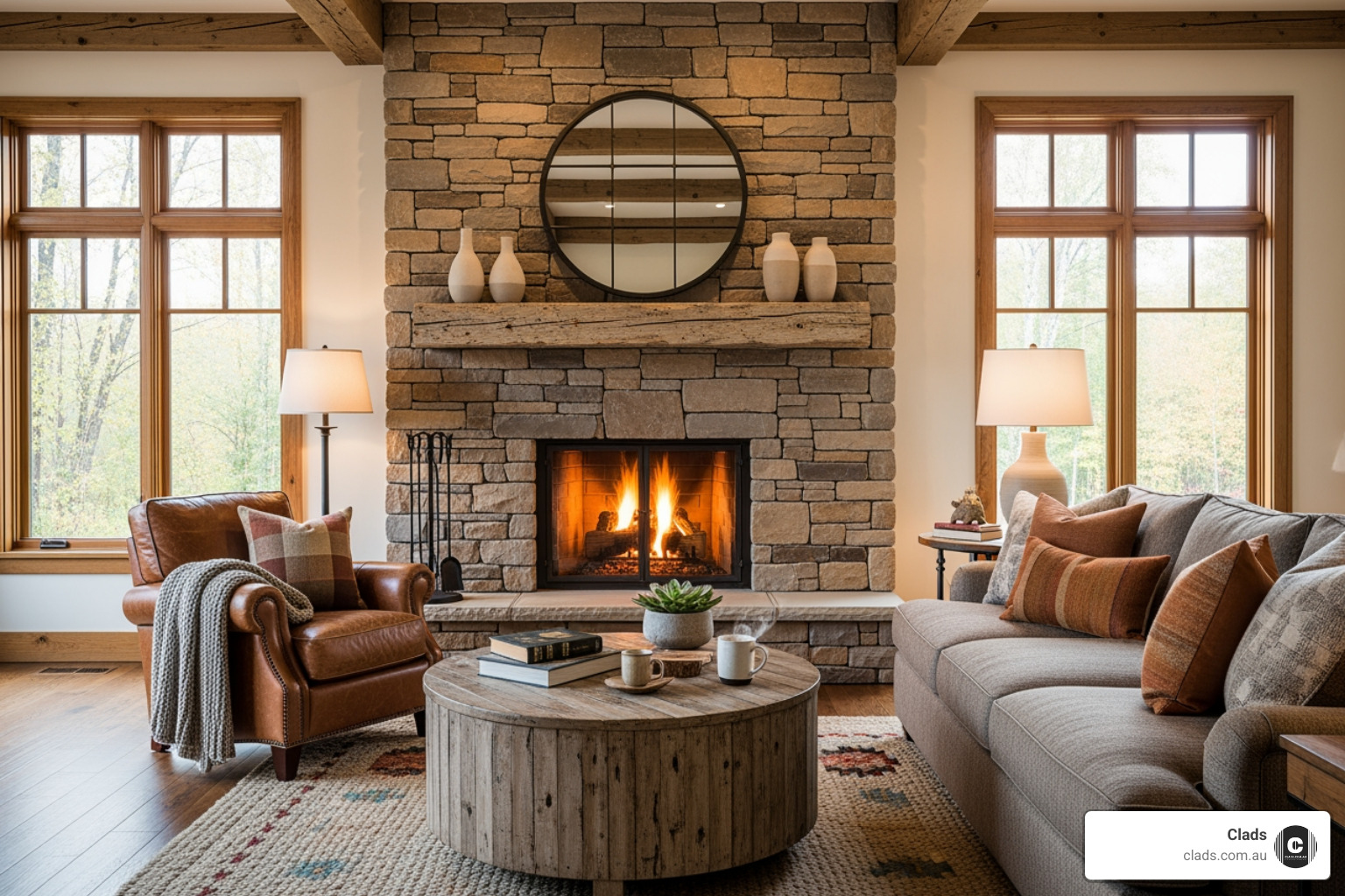 Rustic living room hearth showcasing a roaring fire, timber mantelpiece, and beautiful natural stone cladding for fireplaces.