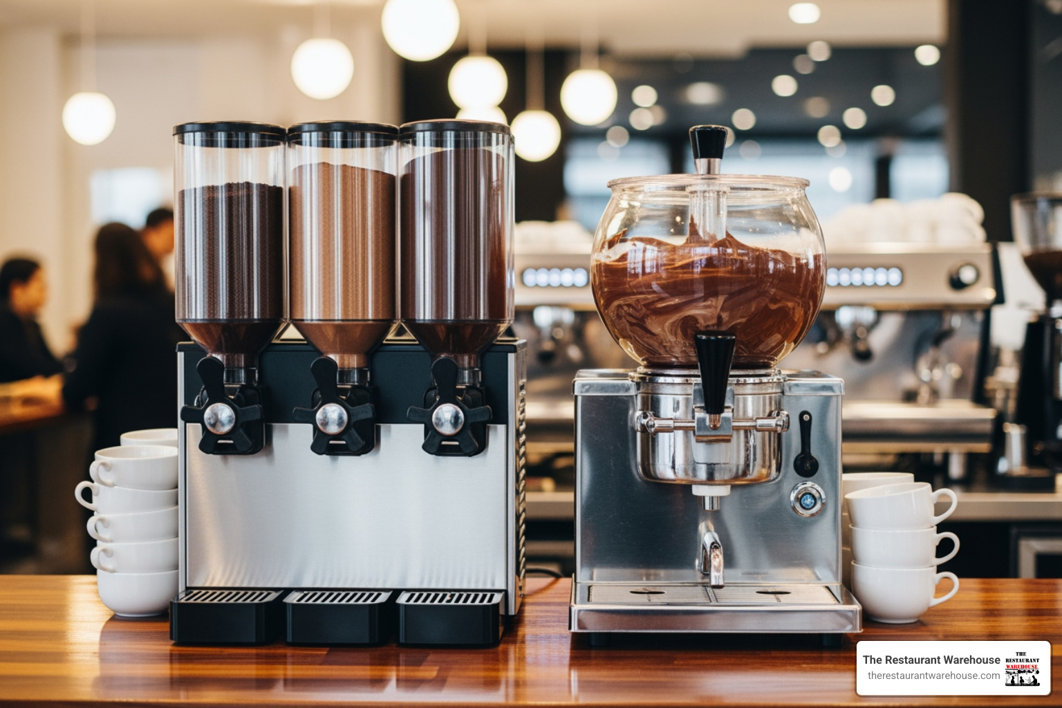 powder-based dispenser with multiple hoppers next to a liquid chocolate dispenser with a single large bowl - commercial hot cocoa machine