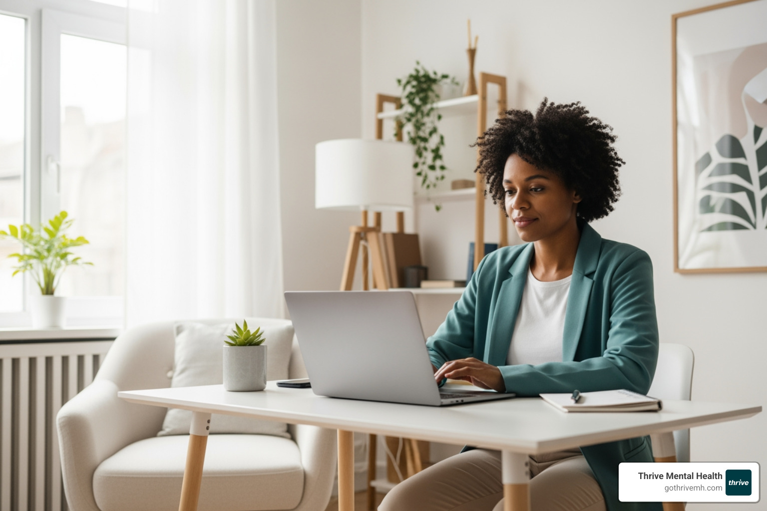 Person in a virtual therapy session on a laptop.  - somatic therapy for stress