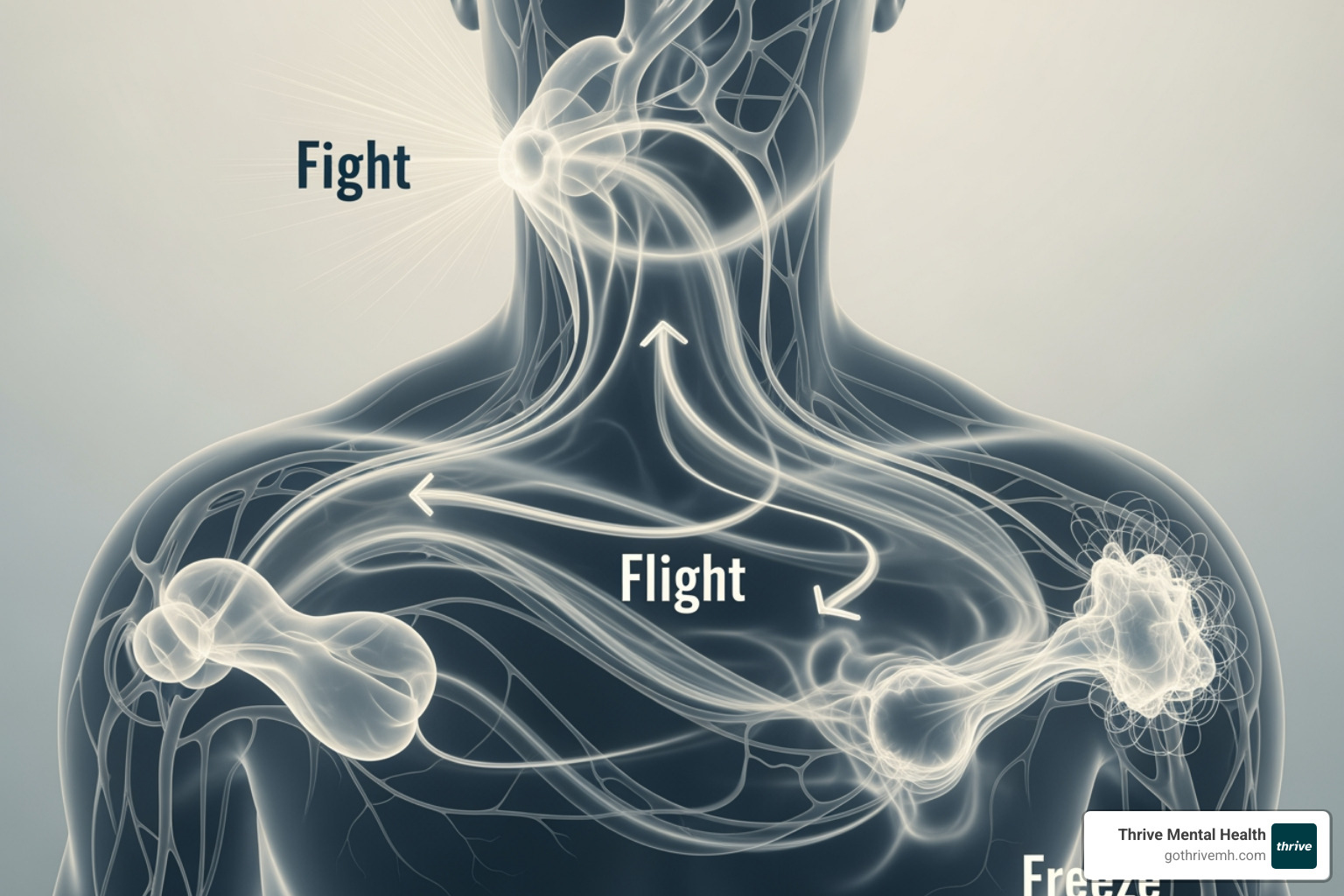 Diagram: fight, flight, freeze responses in the nervous system.  - somatic therapy for stress