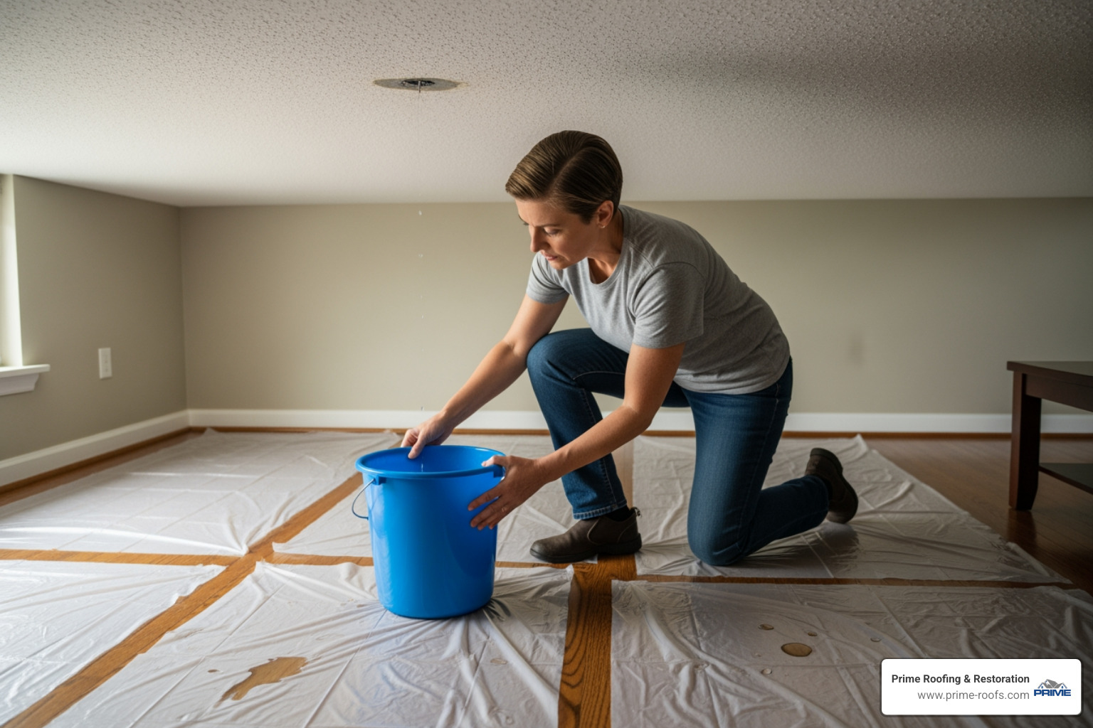 A homeowner placing a bucket under a ceiling leak with plastic sheeting protecting the floor. - roofing emergency leaking