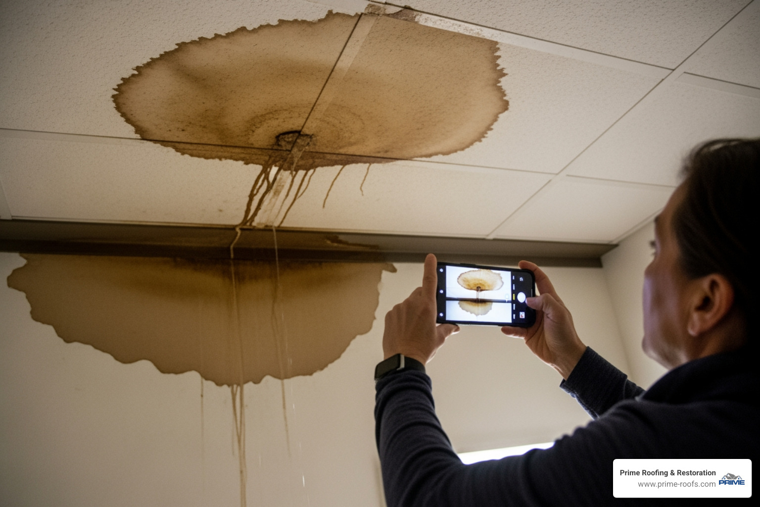 A person using a smartphone to photograph a water-stained ceiling and wet floor. - roofing emergency leaking