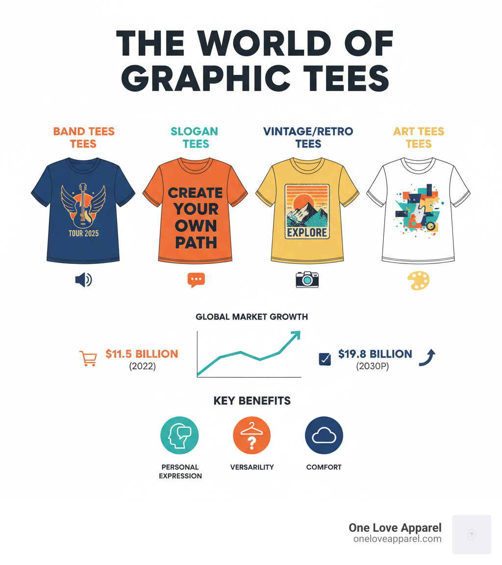 Infographic showing the four main types of graphic t-shirts: Band Tees (featuring music logos and tour graphics), Slogan Tees (with bold text and quotes), Vintage/Retro Tees (with faded, throwback designs), and Art Tees (with abstract and original artwork). The infographic includes a growth chart showing the graphic t-shirt market growing from $11.5 billion in 2022 to a projected $19.8 billion by 2030, with icons representing key benefits like personal expression, versatility, and comfort. - graphic t shirts infographic 