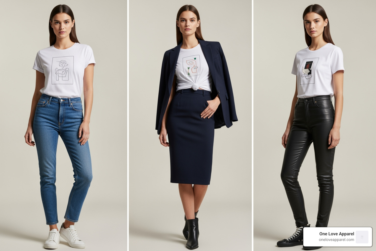 three different outfits styling the same graphic t-shirt: one with jeans, one with a blazer and skirt, and one with leather pants - graphic t shirts