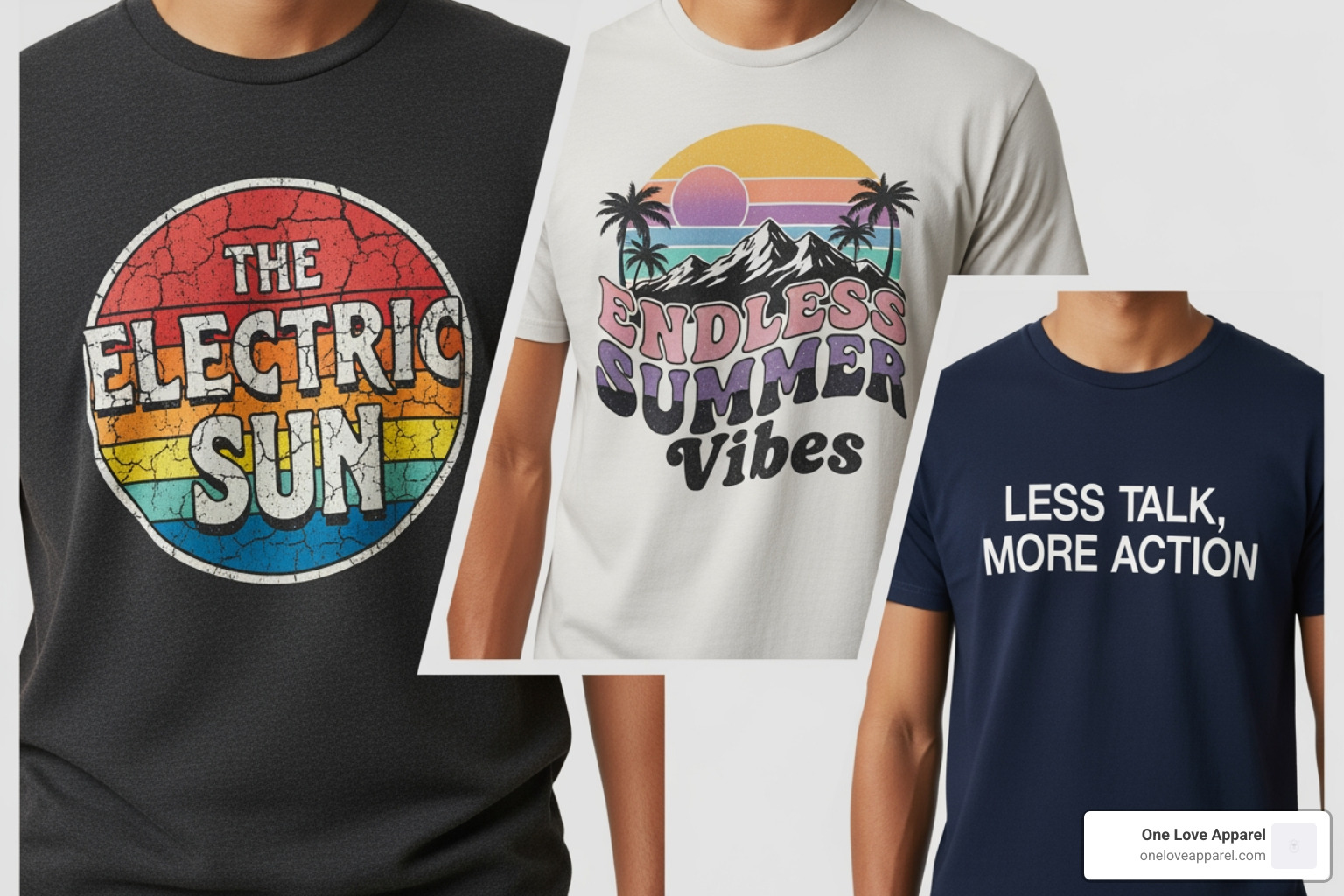 collage showcasing different popular graphic tee styles like a vintage-inspired tee, a band tee, and a minimalist slogan tee - graphic t shirts