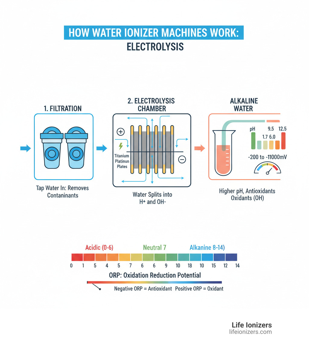 Detailed infographic showing how water ionizer machines work through electrolysis, with labeled diagrams of water flowing through filtration systems, passing over titanium platinum plates, and separating into alkaline and acidic streams, including pH scale comparisons and ORP measurement indicators - alkaline ionized water machine reviews infographic 