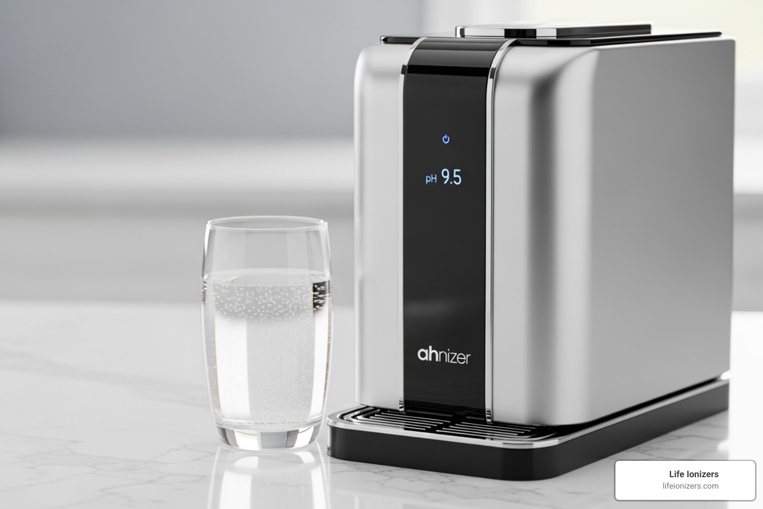 Glass of sparkling clear water next to a state-of-the-art Life Ionizers water ionizer - alkaline ionized water machine reviews
