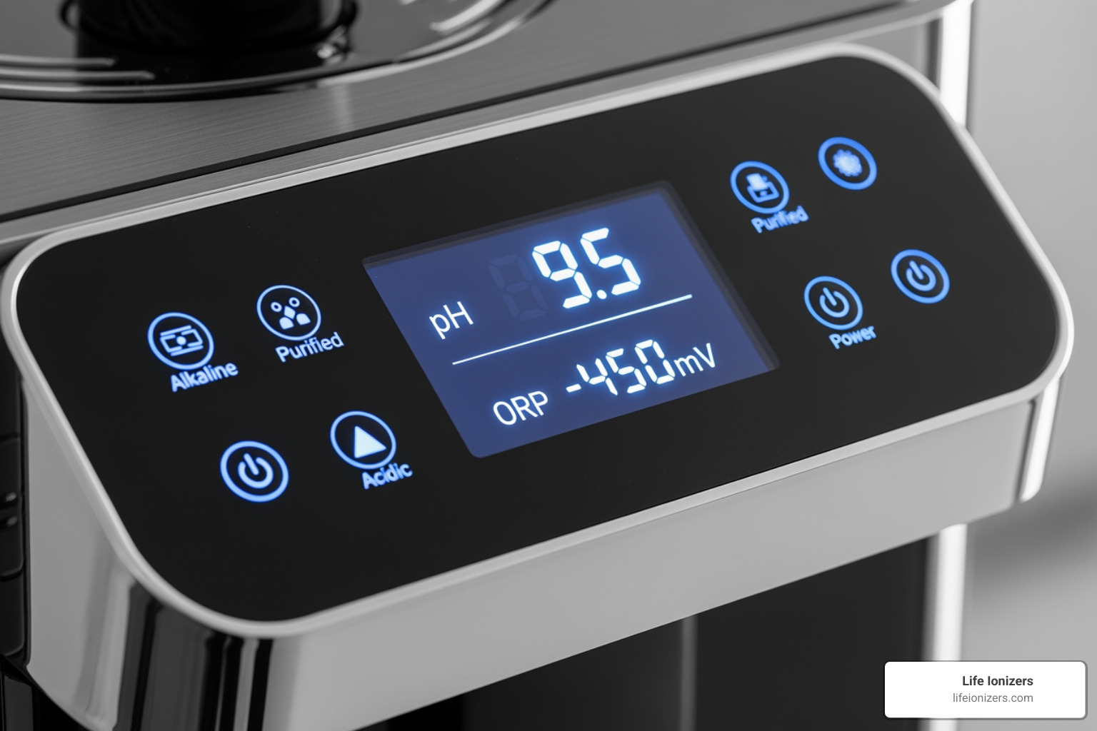 Close-up on a Life Ionizers control panel showing pH and ORP levels - alkaline ionized water machine reviews