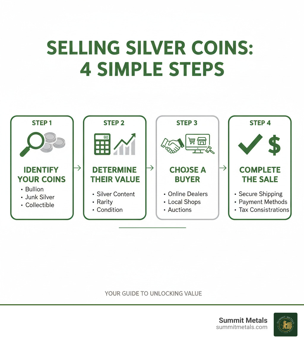 Infographic showing four steps to sell silver coins: Step 1 shows a magnifying glass over coins labeled "Identify Your Coins" with categories for Bullion, Junk Silver, and Collectible; Step 2 shows a calculator and price chart labeled "Determine Their Value" with factors like silver content, rarity, and condition; Step 3 shows a handshake and computer screen labeled "Choose a Buyer" comparing online dealers, local shops, and auctions; Step 4 shows a checkmark and dollar sign labeled "Complete the Sale" with secure shipping, payment methods, and tax considerations - sell silver coins infographic 