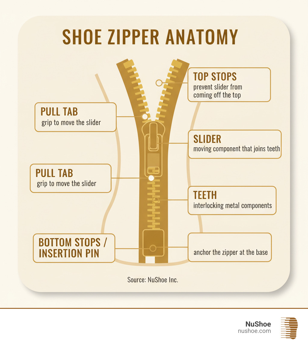 Infographic showing the anatomy of a shoe zipper with labeled parts: slider (the moving component that joins teeth), pull tab (the part you grip to move the slider), teeth (the interlocking metal or plastic components), top stops (prevent slider from coming off the top), and bottom stops or insertion pin (anchor the zipper at the base) - fix zipper on shoes infographic Infographic showing the anatomy of a shoe zipper with labeled parts: slider (the moving component that joins teeth), pull tab (the part you grip to move the slider), teeth (the interlocking metal or plastic components), top stops (prevent slider from coming off the top), and bottom stops or insertion pin (anchor the zipper at the base) - fix zipper on shoes infographic