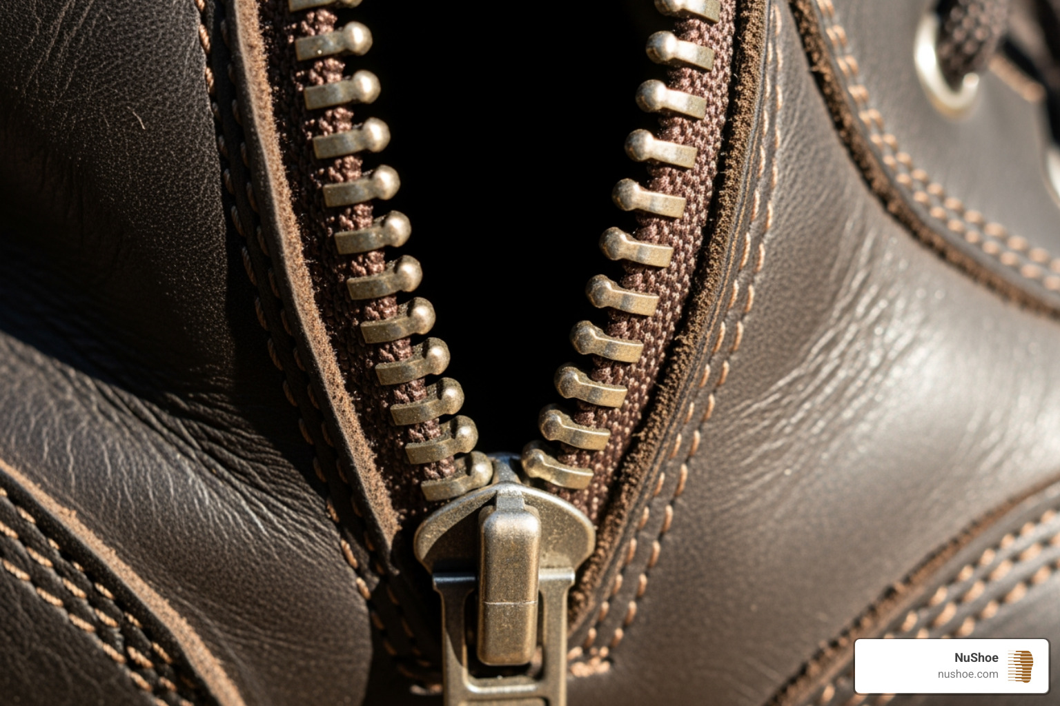 close-up showing separated zipper teeth on a boot - fix zipper on shoes close-up showing separated zipper teeth on a boot - fix zipper on shoes