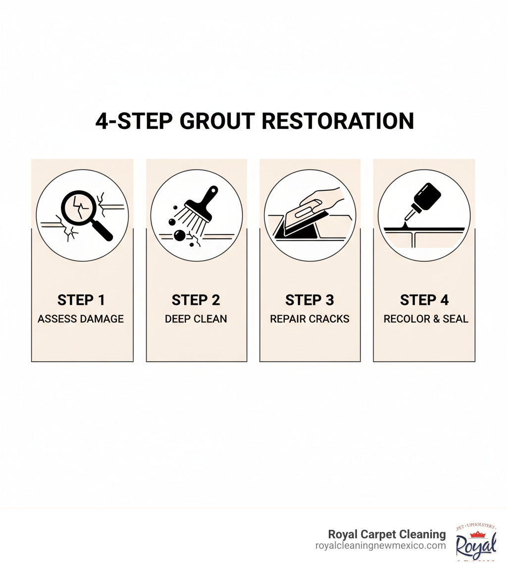 infographic showing the 4-step grout restoration process with icons: Step 1 - Magnifying glass over cracked grout (Assess Damage), Step 2 - Brush scrubbing grout lines (Deep Clean), Step 3 - Hand applying new grout with float (Repair Cracks), Step 4 - Bottle applying sealer to grout (Recolor and Seal) - how to restore grout in floor tiles infographic 