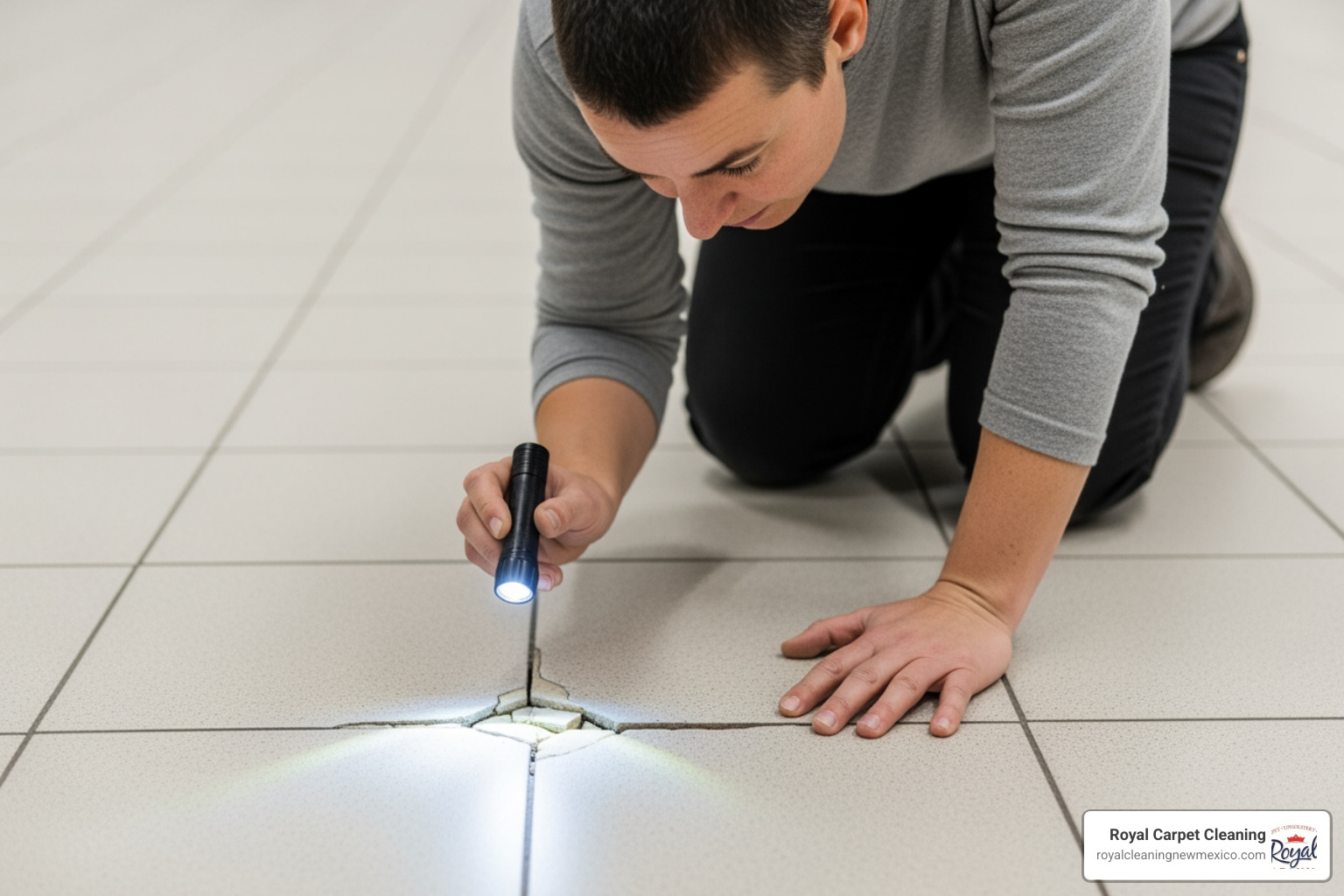 person closely inspecting cracked grout lines on a floor - how to restore grout in floor tiles