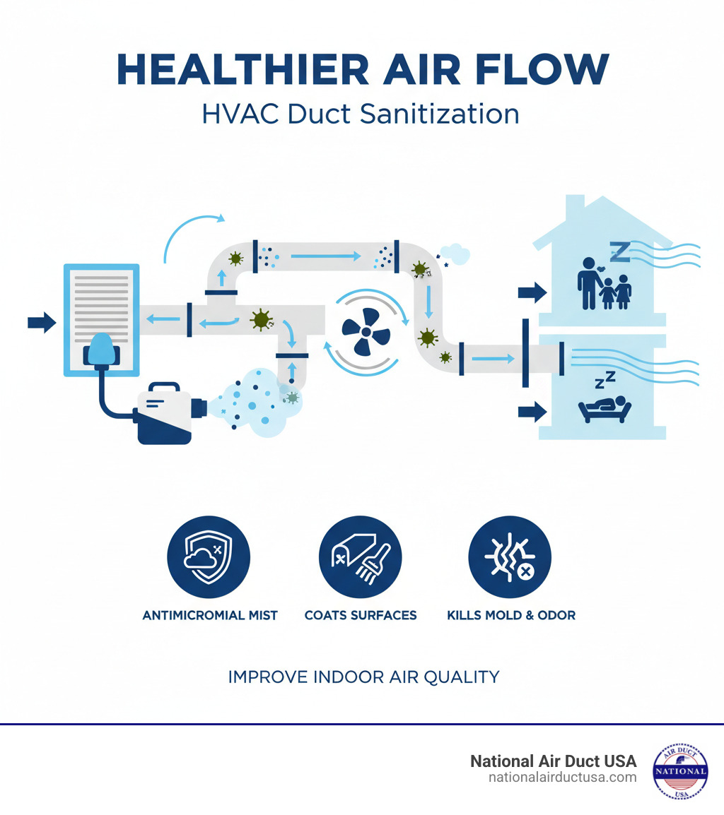 Infographic showing a cross-section of an HVAC duct system with a fogger device at the return vent, antimicrobial mist particles dispersing through the ducts, coating interior surfaces, and killing mold spores on contact as the HVAC fan circulates the fog throughout the entire system - mold fogger for ac ducts infographic 