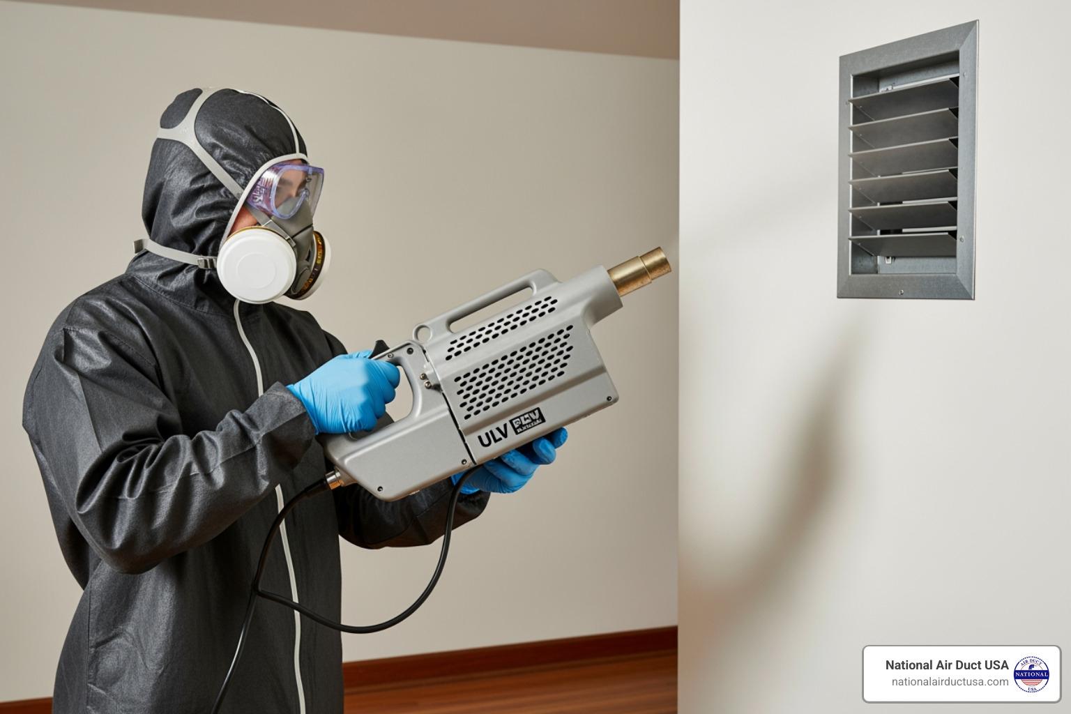 A person wearing PPE and holding a ULV fogger near an air return vent - mold fogger for ac ducts