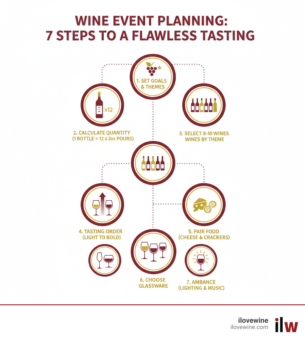 detailed infographic showing wine event planning steps: setting goals and themes, calculating wine quantities (1 bottle serves 12 with 2oz pours), selecting 8-10 wines by theme, arranging tasting order from light to bold, pairing with cheese and crackers, choosing appropriate glassware, and creating the right ambiance with lighting and music - Wine Event Planning infographic 