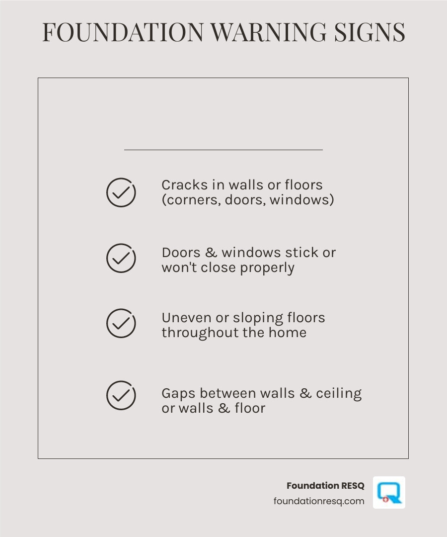 Infographic showing the top 5 warning signs of foundation failure: 1) Cracks in walls or floors appearing in corners or over doors and windows, 2) Doors and windows that stick or won't close properly, 3) Uneven or sloping floors throughout the home, 4) Gaps between walls and ceiling or walls and floor, 5) Cracks in exterior brickwork or a leaning chimney - affordable concrete foundation repair service in tallahassee fl infographic checklist-light-beige