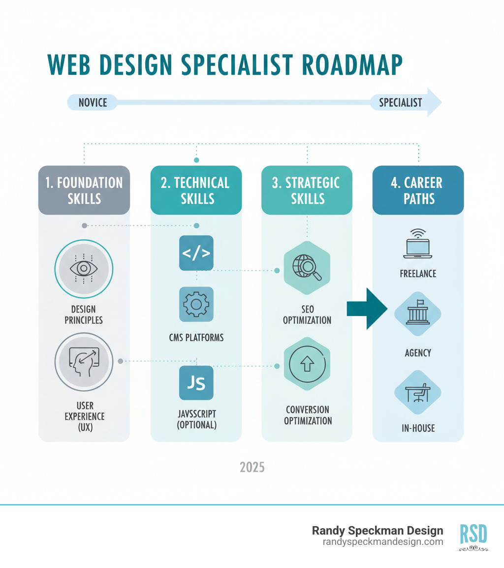 infographic showing the complete roadmap from novice to web design specialist, including foundation skills like design principles and UX, technical skills like HTML CSS and CMS platforms, strategic skills like SEO and conversion optimization, and career paths including freelance agency and in-house positions - Web design specialists infographic 