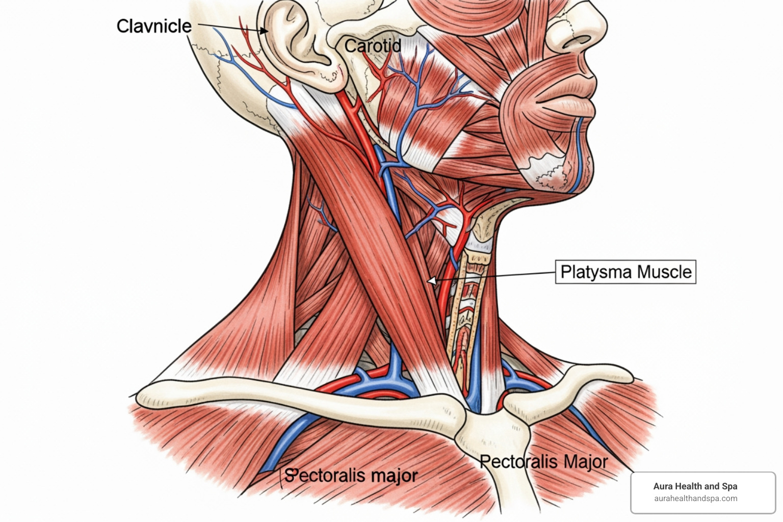 Diagram illustrating the platysma muscle and its connections from the chest to the jawline - Neck band treatment