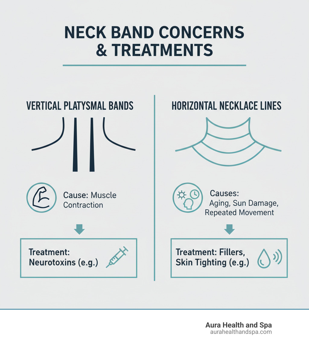 Infographic showing two types of neck concerns: vertical platysmal bands caused by muscle contraction and horizontal necklace lines caused by aging, sun damage, and repeated movement, with treatment options including neurotoxins for vertical bands and fillers or skin tightening for horizontal lines - Neck band treatment infographic 