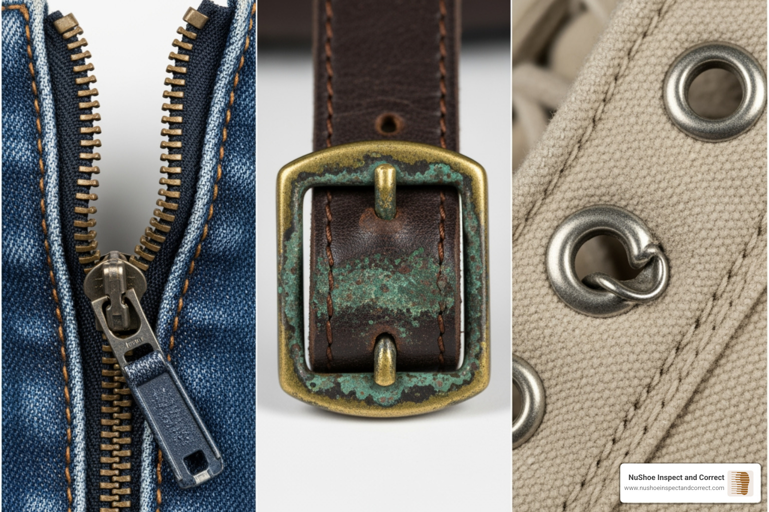 collage showing examples of hardware defects like a broken zipper, a tarnished buckle, and a misaligned eyelet - hardware quality control collage showing examples of hardware defects like a broken zipper, a tarnished buckle, and a misaligned eyelet - hardware quality control