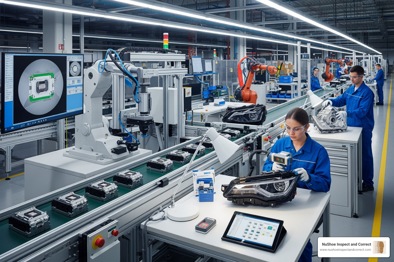 factory production line with inspection points highlighted - hardware quality control factory production line with inspection points highlighted - hardware quality control