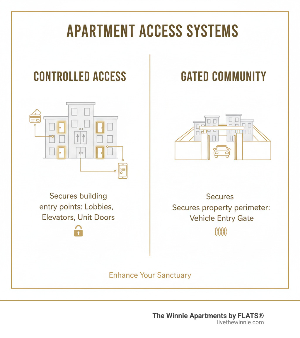 infographic showing the difference between controlled access systems and gated communities, with controlled access securing building entry points like lobbies and unit doors, versus gated access securing only the property perimeter - apartments with controlled access infographic 