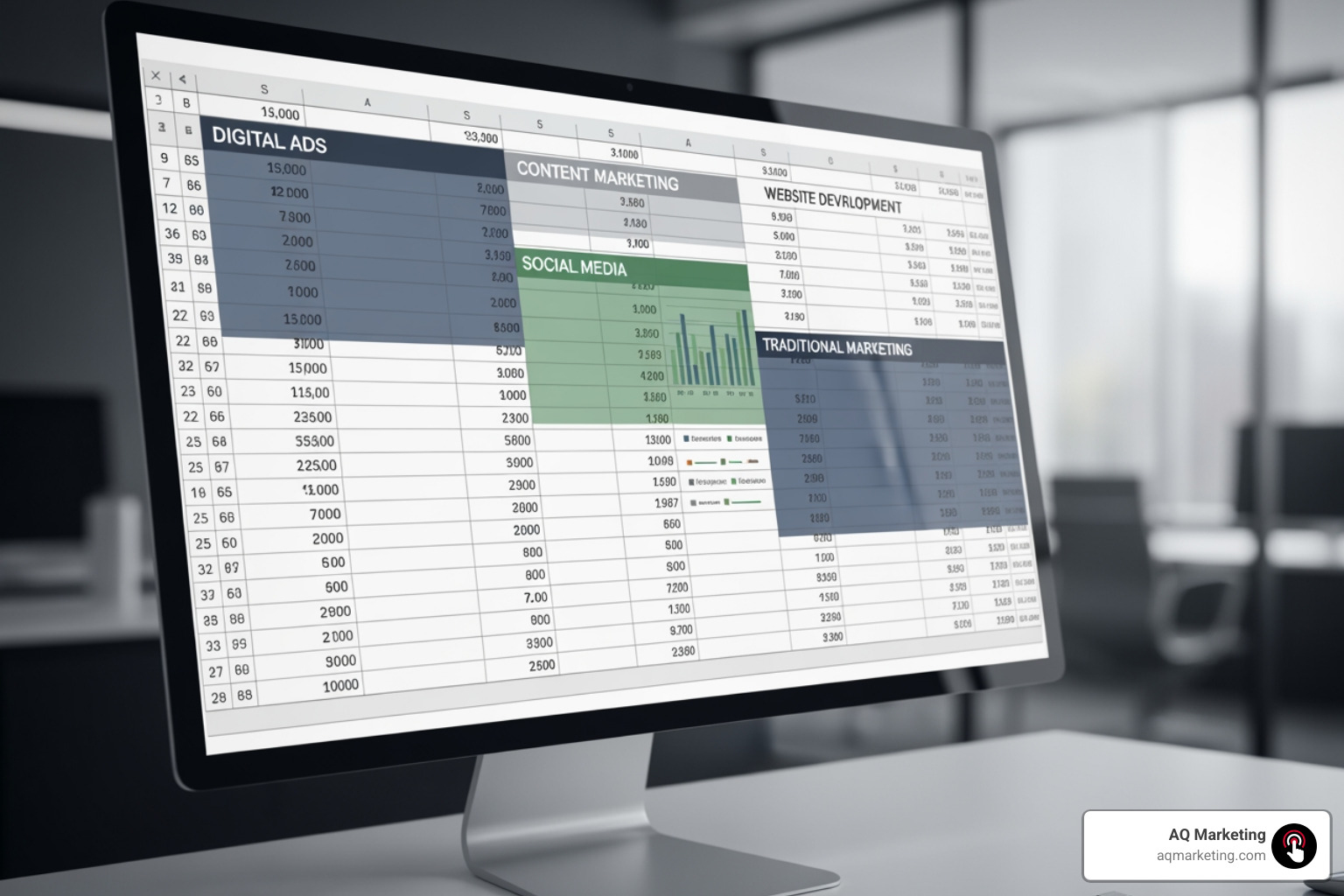 Sample marketing budget spreadsheet showing allocations across digital ads, content, social media, website, and traditional marketing - marketing budgets for small businesses Sample marketing budget spreadsheet showing allocations across digital ads, content, social media, website, and traditional marketing - marketing budgets for small businesses